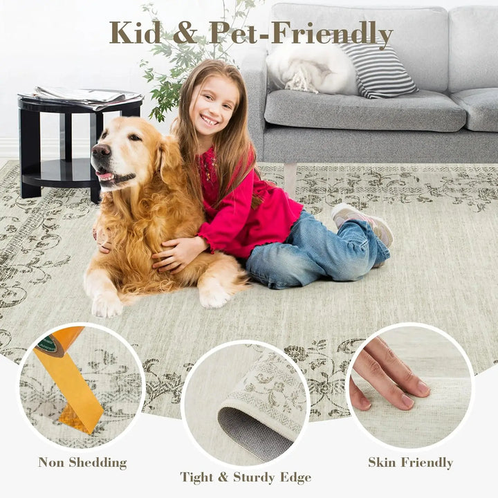 Washable Area Rug for Bedroom Farmhouse Rugs for Living Room Indoor Floral Bordered Large Rug Soft Carpet for Dining Room Office