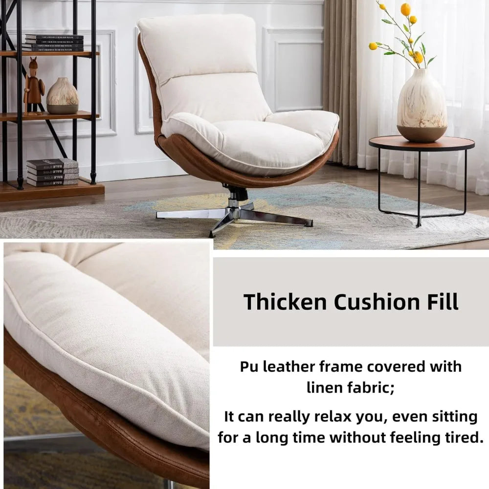 linen swivel lounge chair, upholstered high back accent chair with metal base armelss comfy modern recliner chair for living ro