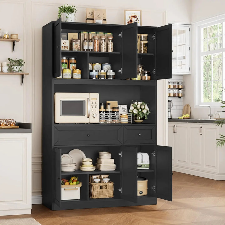 72" Kitchen Pantry Cabinet, Kitchen Hutch with Microwave Stand, Buffet Cabinet with Hutch for Dining Room, Black