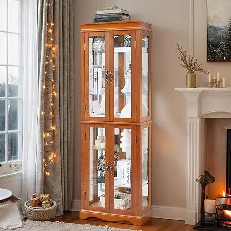 Lighted Glass Display Cabinet, 70" Curio Cabinet with Adjustable Glass Shelves Vintage,China Cabinet with 6 Shelves for Living R