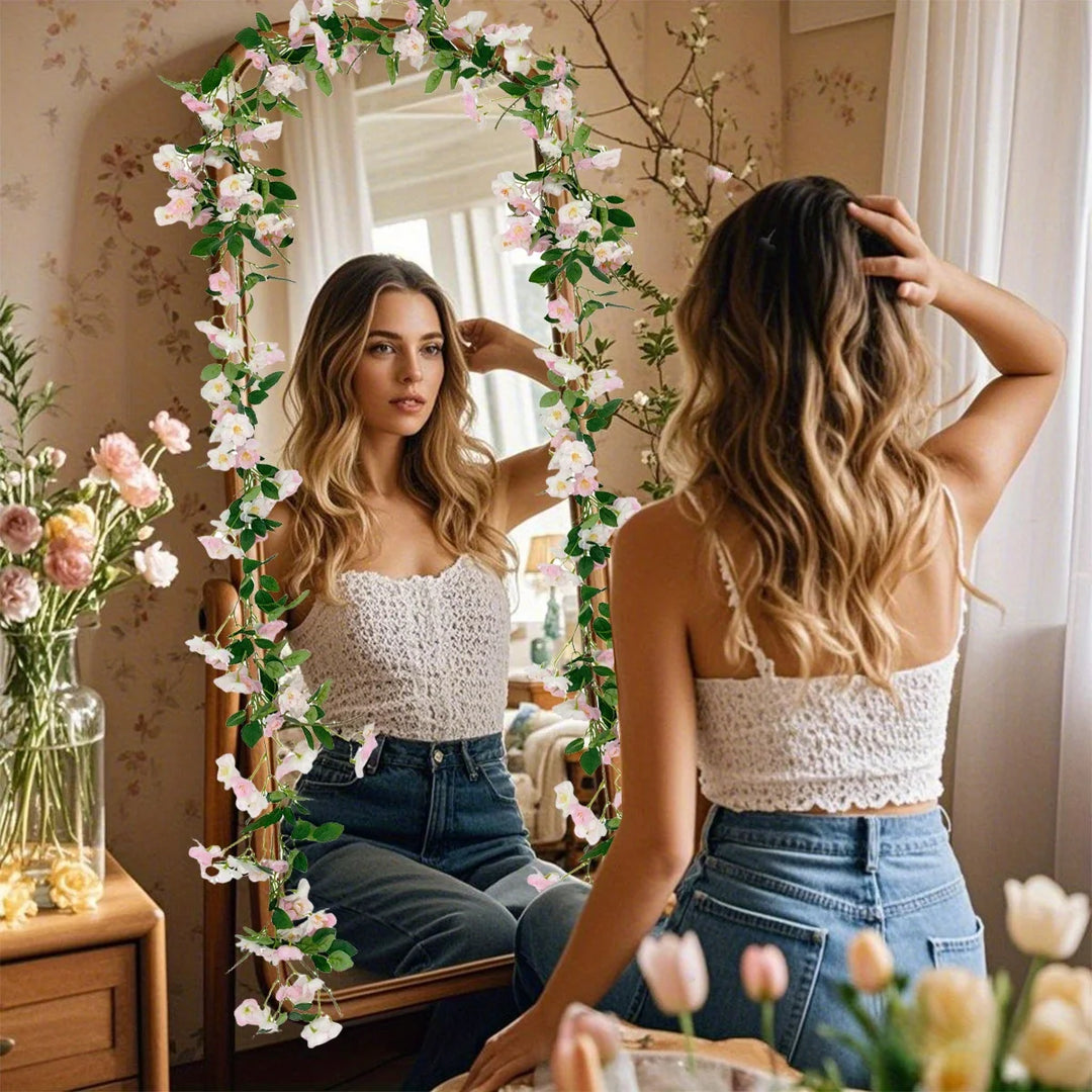 2 Pcs Artificial Cherry Blossom Flower Vine Hanging Cherry Blossom Flower Silk Garland Hanging Vines Faux Flowers For