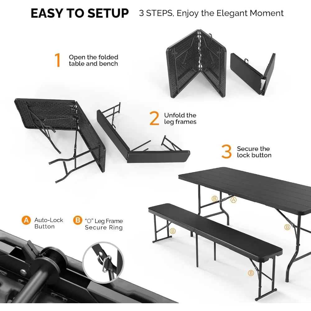 Picnic Table Set with 2 Benches, 6 Feet Camping Table Chair Set, 3-Piece Folding Furniture for Indoor or Outdoor Use, Tree Patt