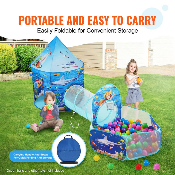 VEVOR 3 in 1 Kids Play Tent with Tunnel Basketball Hoop for Boys Girls Babies and Toddlers Indoor/Outdoor Pop Up Playhouse Gifts
