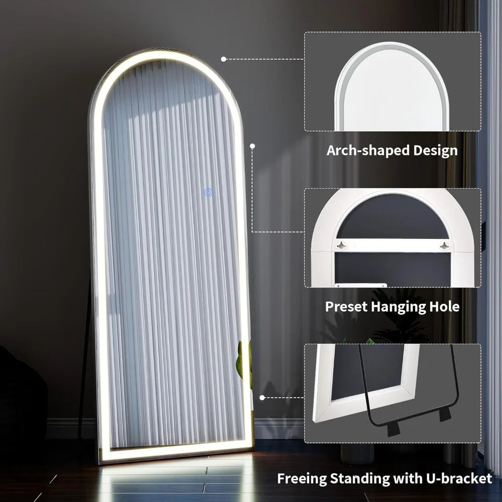 56"x21" LED Mirror Full Length - Arched Floor Body Mirror with Dimmable Lights - 3 Color Modes, Standing Leaning Wall Mounted fo