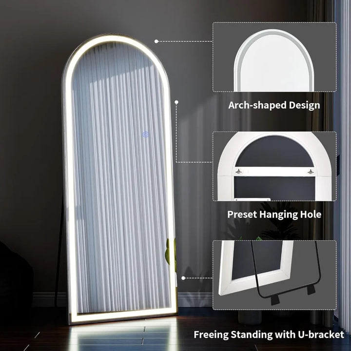 56"x21" LED Mirror Full Length - Arched Floor Body Mirror with Dimmable Lights - 3 Color Modes, Standing Leaning Wall Mounted fo
