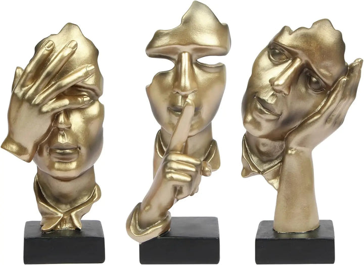 3 Pcs Thinker Statue, Silence is Abstract Art Figurine,  Modern Home Resin Sculptures Decorative Bookshelf Desktop(Gold), A-41
