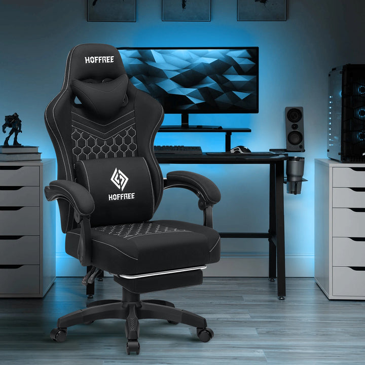 Breathable Gaming Chair With Lumbar Cushion Bluetooth Speaker Dual Function Point Massage Height Adjustable Office Computer Chai