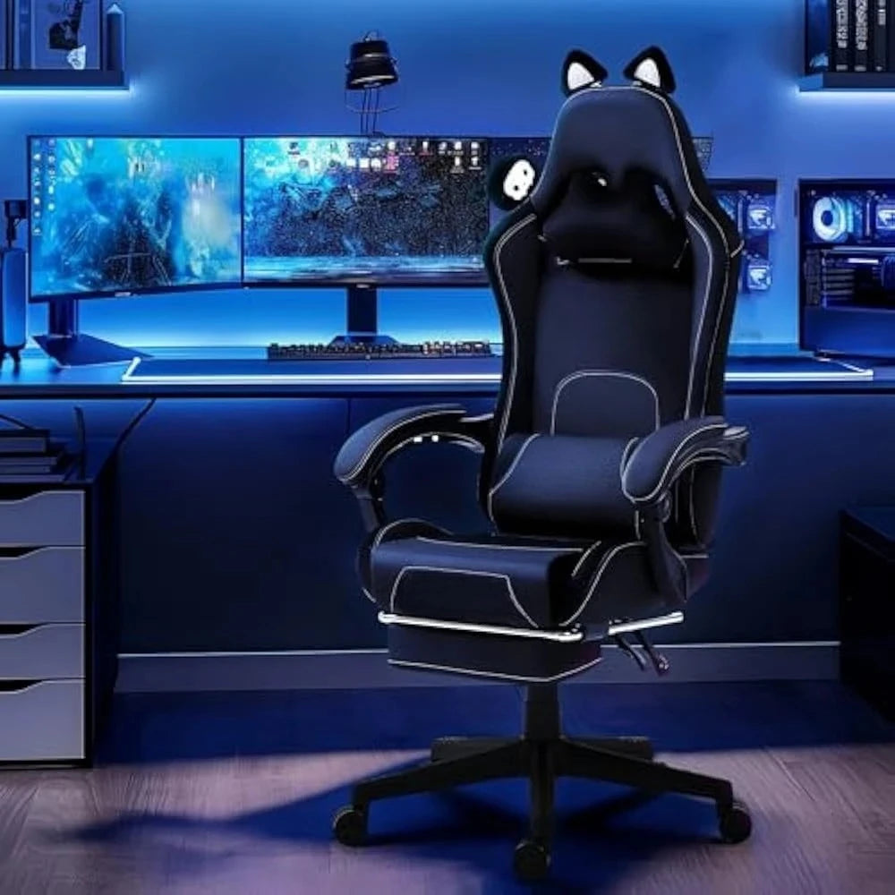 Gaming Chair Cute with Cat Ears and Massage Lumbar Support, Ergonomic Computer Chairs with Footrest and Headrest, Gaming Chair