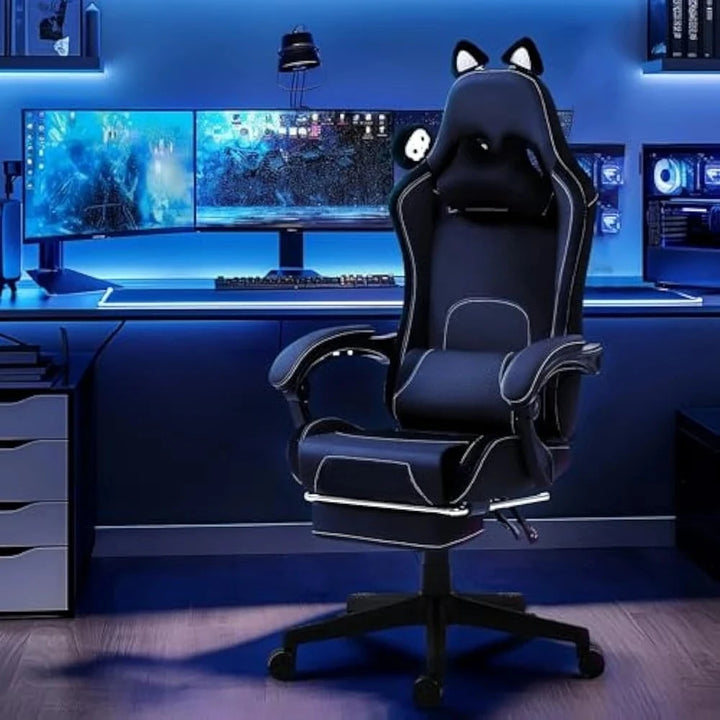 Gaming Chair Cute with Cat Ears and Massage Lumbar Support, Ergonomic Computer Chairs with Footrest and Headrest, Gaming Chair