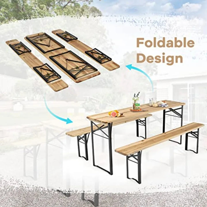 Foldable Picnic Table with Benches 3Piece 70 Portable Beer Garden Table with Sturdy Steel Frame Folding Wooden Picnic Tables f