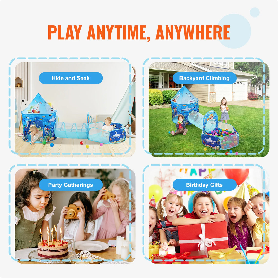 VEVOR 3 in 1 Kids Play Tent with Tunnel Basketball Hoop for Boys Girls Babies and Toddlers Indoor/Outdoor Pop Up Playhouse Gifts