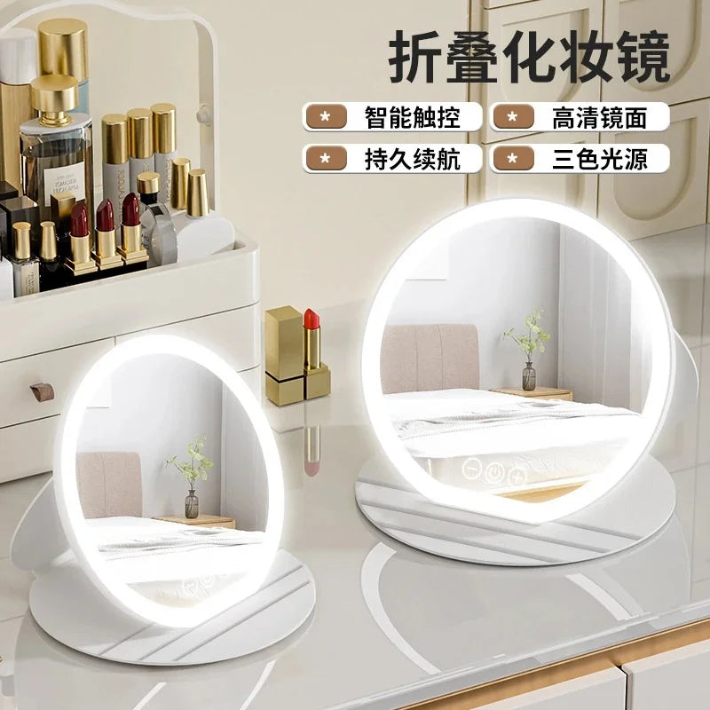 3 Colors Dimmable LED Makeup Mirror With Touch Screen Fold Cosmetic Makeup Mirror Rechargeable Tabletop For Travel & Home Use