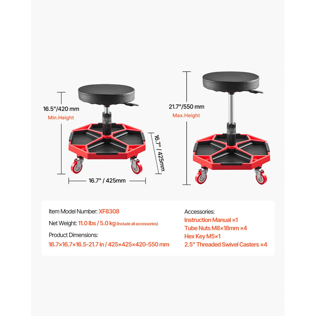 VEVOR Rolling Mechanic Stool with Wheels 300 lbs Garage Seat/Work Stool Padded Roller Creeper Seat with Fixed Height, for Garage