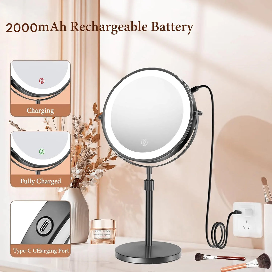 8 Inch Makeup Mirror With Light Lamp 10X Magnification 3 Color Lights,Adjustable Brightness Height Standing Cosmetic Mirror