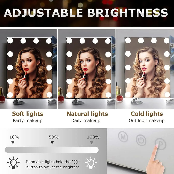 Tabletop Vanity Mirror with 12 LED Bulbs with 3 Color Lighting Modes, Bedroom, Bathroom Vanity Mirror, Touch Controls