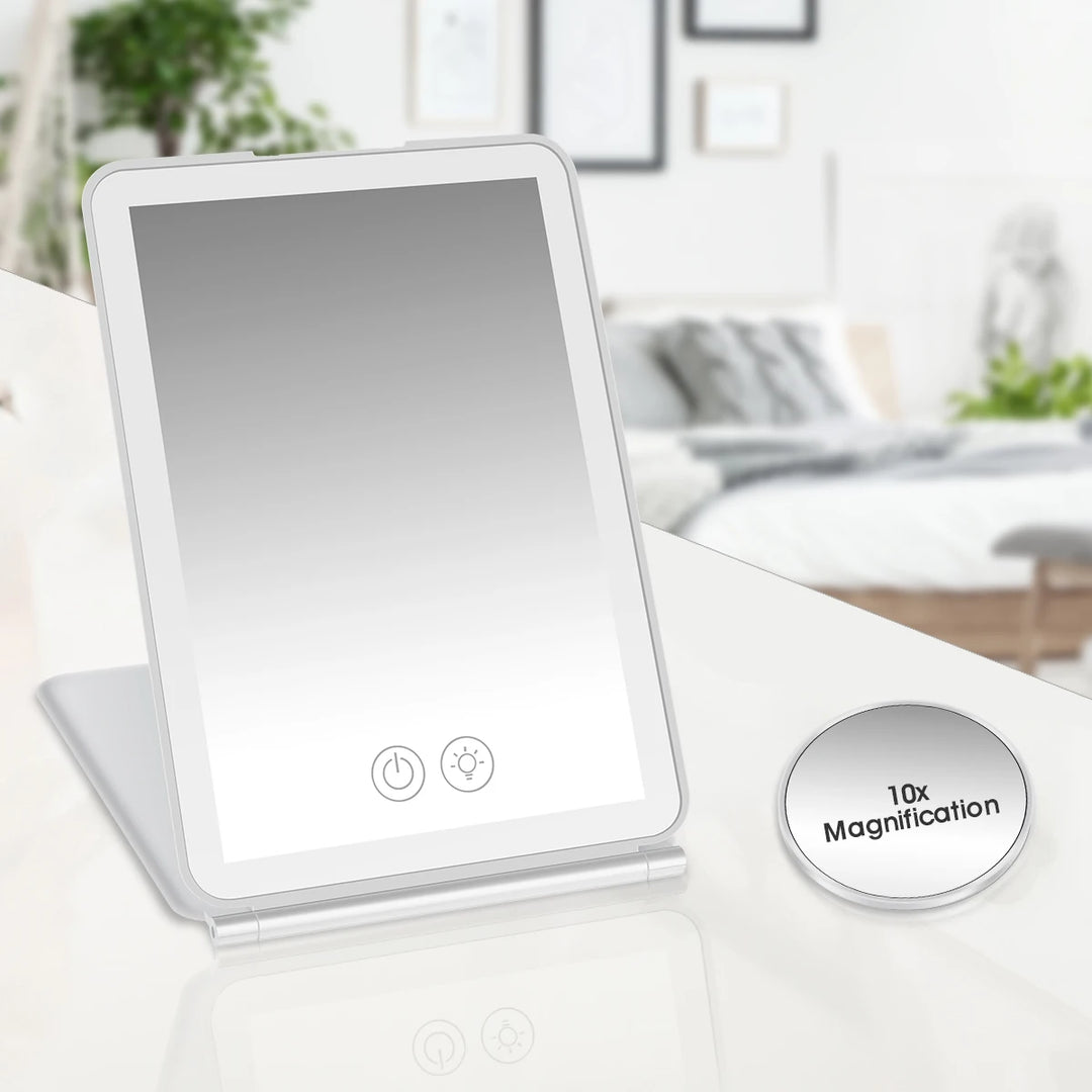 LED Makeup Mirror, Foldable Travel Cosmetic Mirror with Light, Touch Screen, Dimmable, 10X Magnifying Vanity Mirror