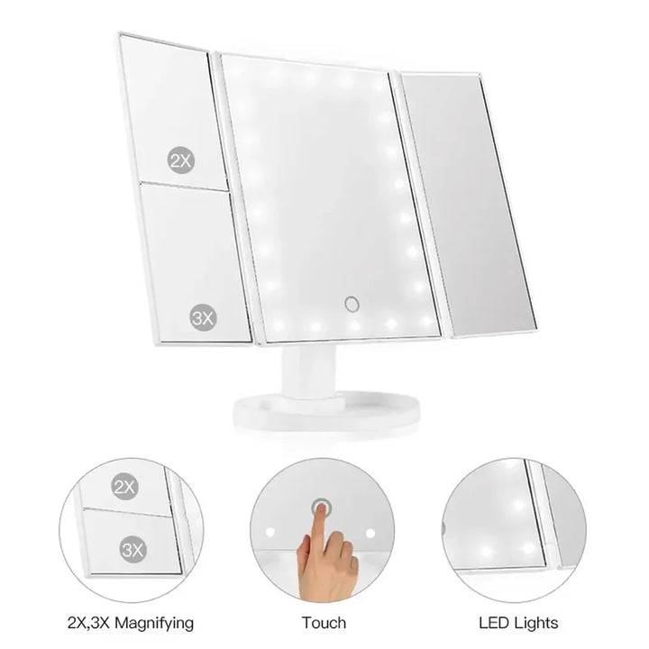 LED Vanity Makeup Mirror with Touch Control, Adjustable Lighting 1X, 2X, 3X Magnification, Trifold Design Ideal Gift for Women
