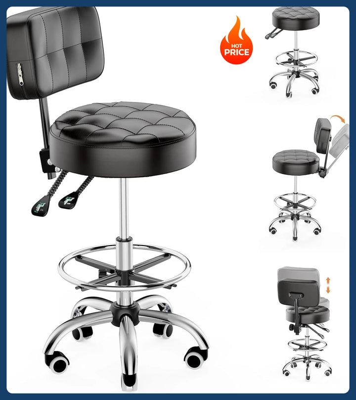 Rolling Stool, Rolling Stools with Wheels Foot Rest, Backrest Adjustable Height, Heavy Duty 400lbs Weight Capacity