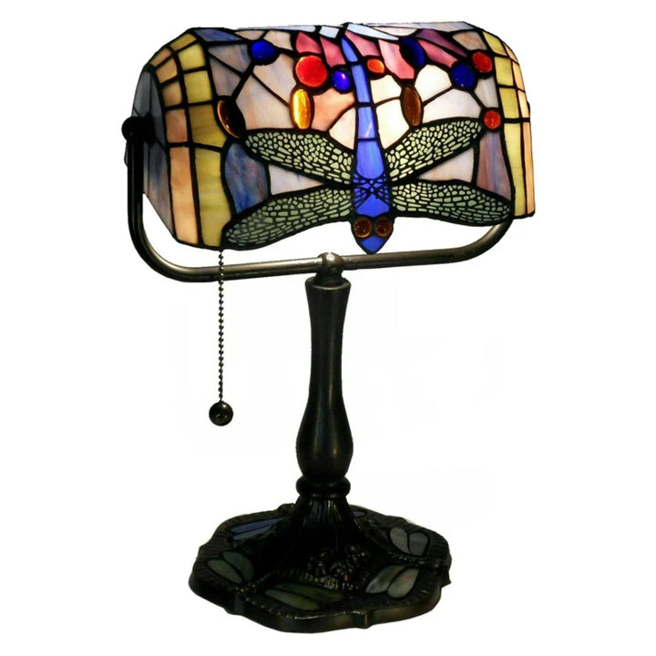 Bronze Banker Desk Lamp Stained Glass Dragonfly Shade Metal Base Adjustable Light Home Office Table Decoration