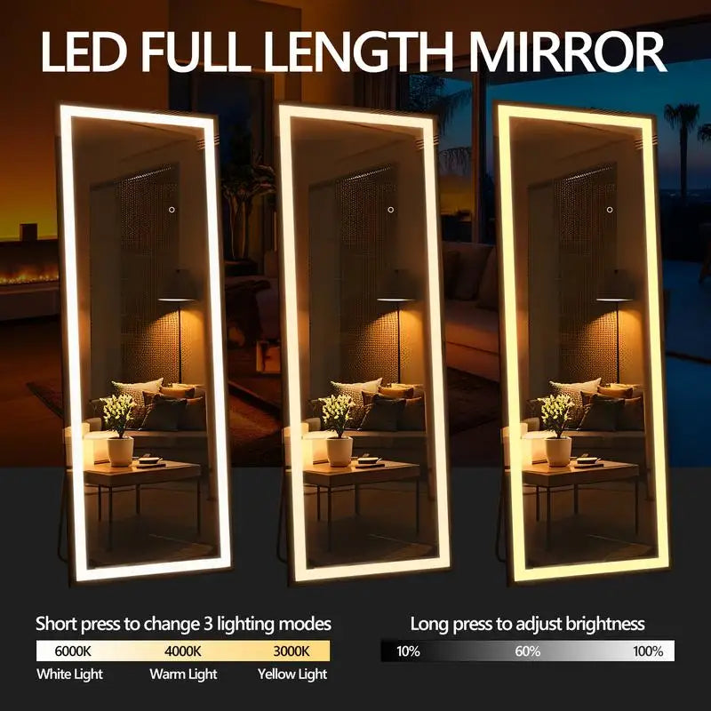 67x20 Inch Full Length Mirror with LED Lights, Standing or Wall-Mounted, Square Shape for Bedroom, Living Room, or Cloakroom,