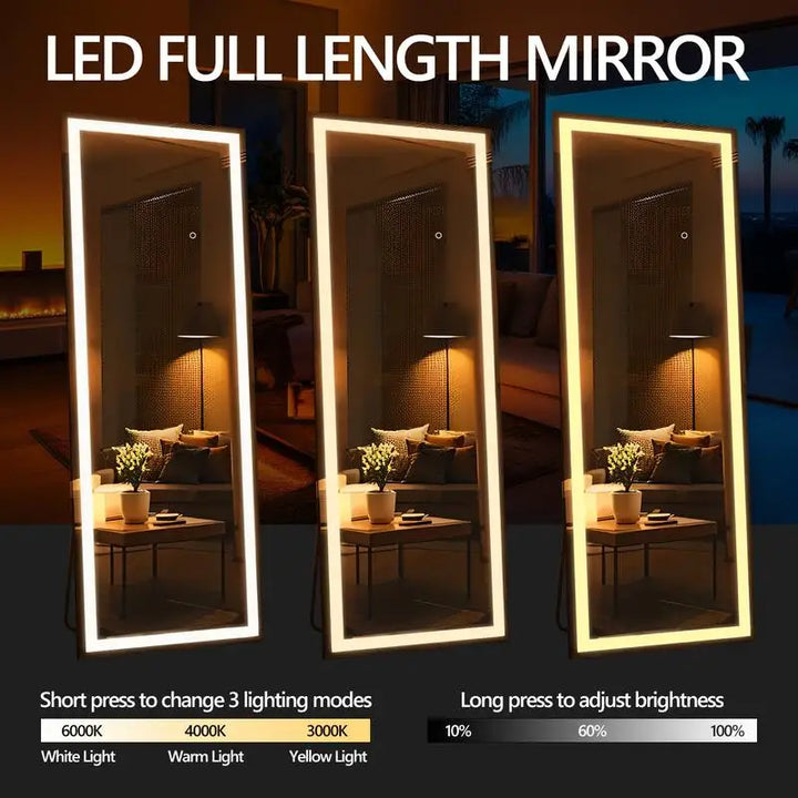 67x20 Inch Full Length Mirror with LED Lights, Standing or Wall-Mounted, Square Shape for Bedroom, Living Room, or Cloakroom,