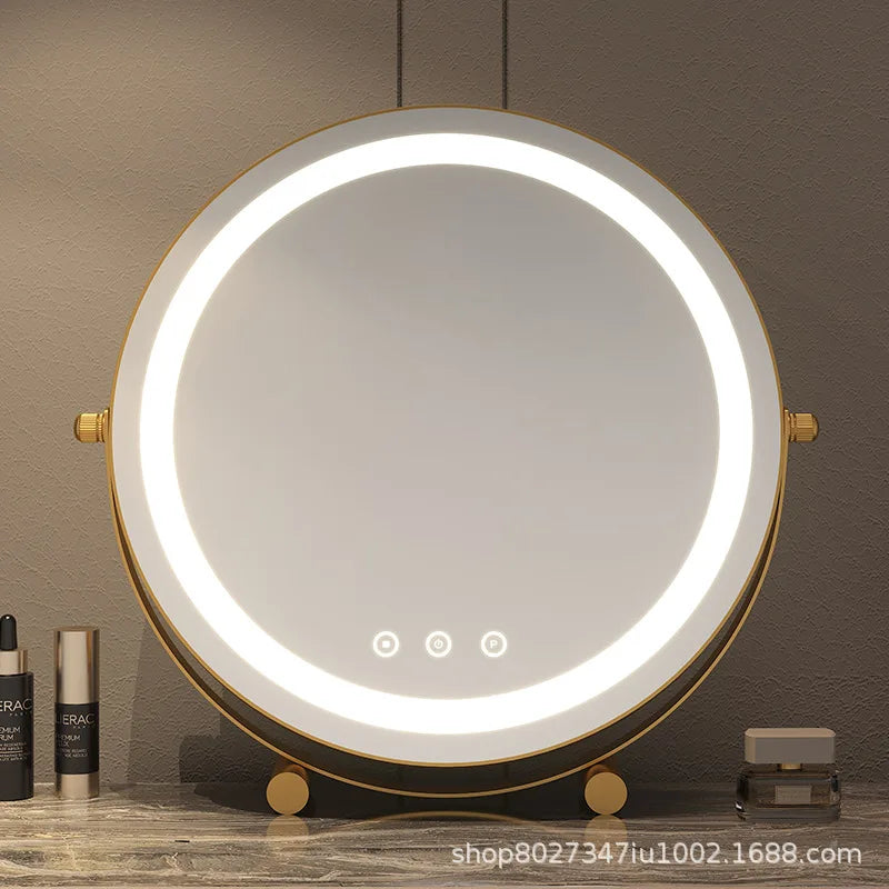 Metal Desktop Makeup Mirror  3-Level LED Lighted Vanity Mirror  Adjustable Rotating Makeup Mirror for Clear Imaging