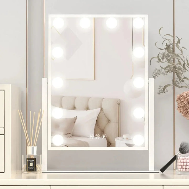 Tabletop Vanity Mirror with 12 LED Bulbs with 3 Color Lighting Modes, Bedroom, Bathroom Vanity Mirror, Touch Controls