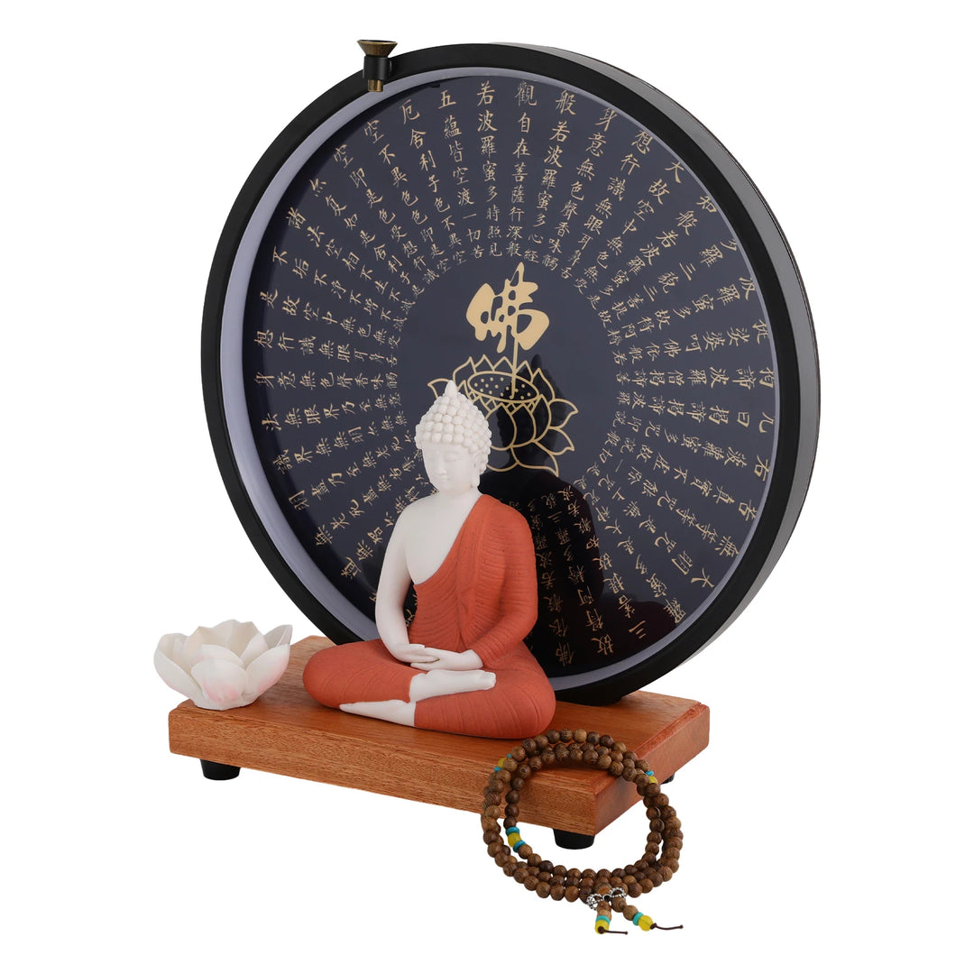 Ceramic Meditating Figurine for Home Décor with Circle LED Lamp – Decorative Sculpture