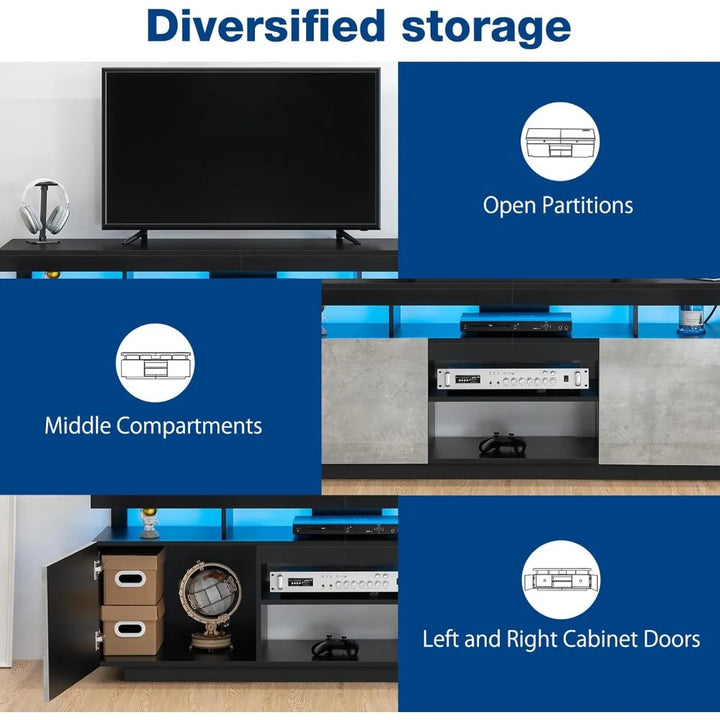 LED TV Stand for 70/65/60/55 inch TV Entertainment Center with Power Outlets, Gaming TV Consoles with Storage Media Table