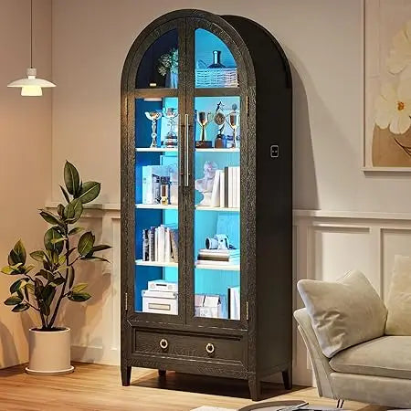 Tall Arched Display Cabinet with Lights, 71" Bookcase with Adjustable Shelves, Modern Storage Organizers with Glass Door, Kitch