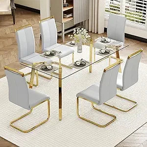 Modern Dining Table Set for 6,Glass Kitchen Table and Chairs,71''Gold Dining Room Table &Generous Legroom with 6 White Leather