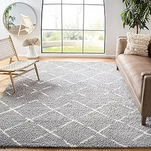 Arizona Shag Collection Area Rug - 9' x 12', Ivory & Beige, Moroccan Diamond Design, Non-Shedding & Easy Care, 1.6-inch Thick I