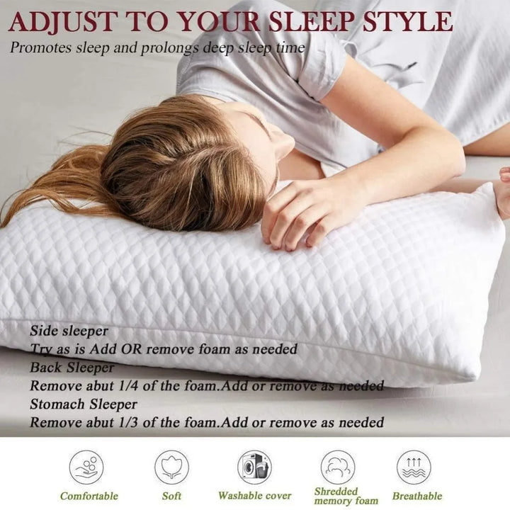 2 Pillows, Shredded Memory Foam Bed Pillows for Sleeping, with Washable Removable Cooling Hypoallergenic Sleep Pillow for Back