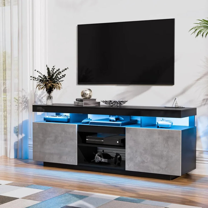 LED TV Stand for 70/65/60/55 inch TV Entertainment Center with Power Outlets, Gaming TV Consoles with Storage Media Table