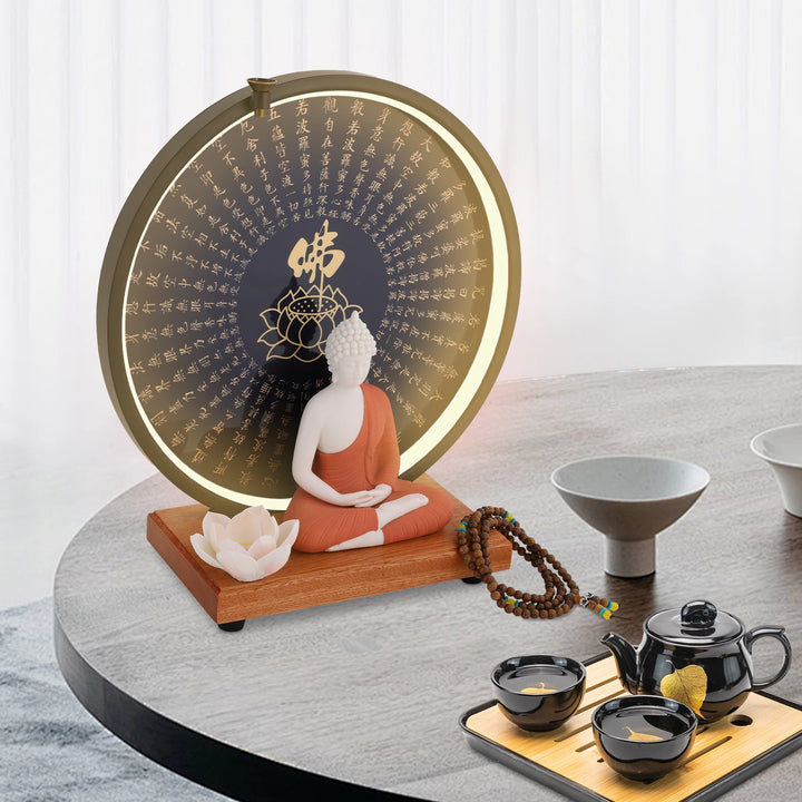 Ceramic Meditating Figurine for Home Décor with Circle LED Lamp – Decorative Sculpture