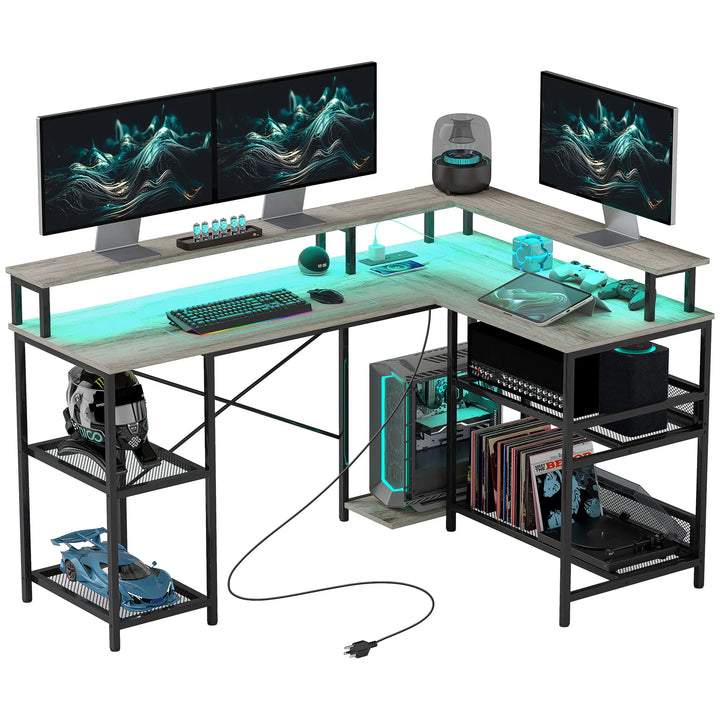 HOMCOM 59" L Shaped Desk with Storage, Corner Desk with LED Lights and Power Outlets for Home Office, Small Space, Gray