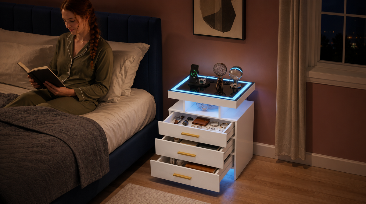 “White three-drawer LED nightstand with all drawers open, showing watches, sunglasses, and other bedside essentials.”