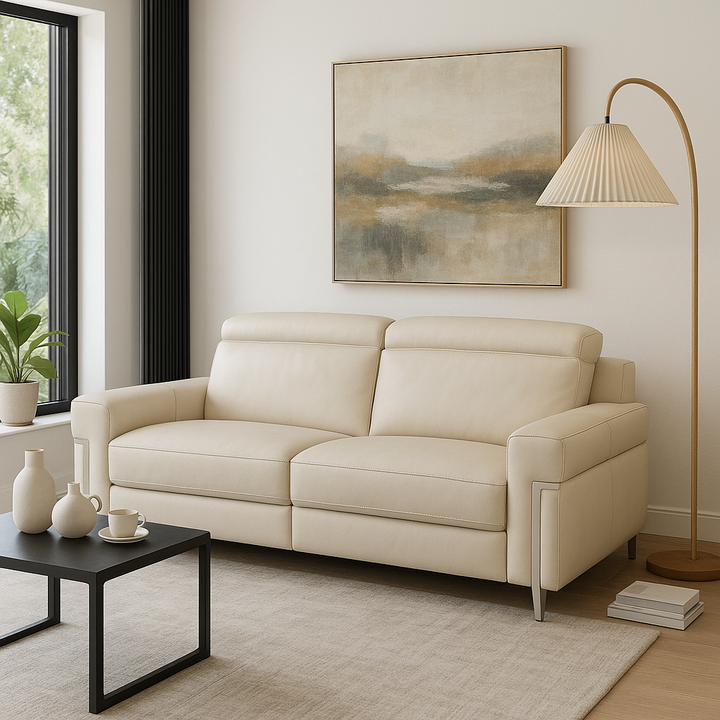 Beige Italian Leather Power Reclining Sofa and Loveseat Set - 5-Person Seating with Silver Metal Legs