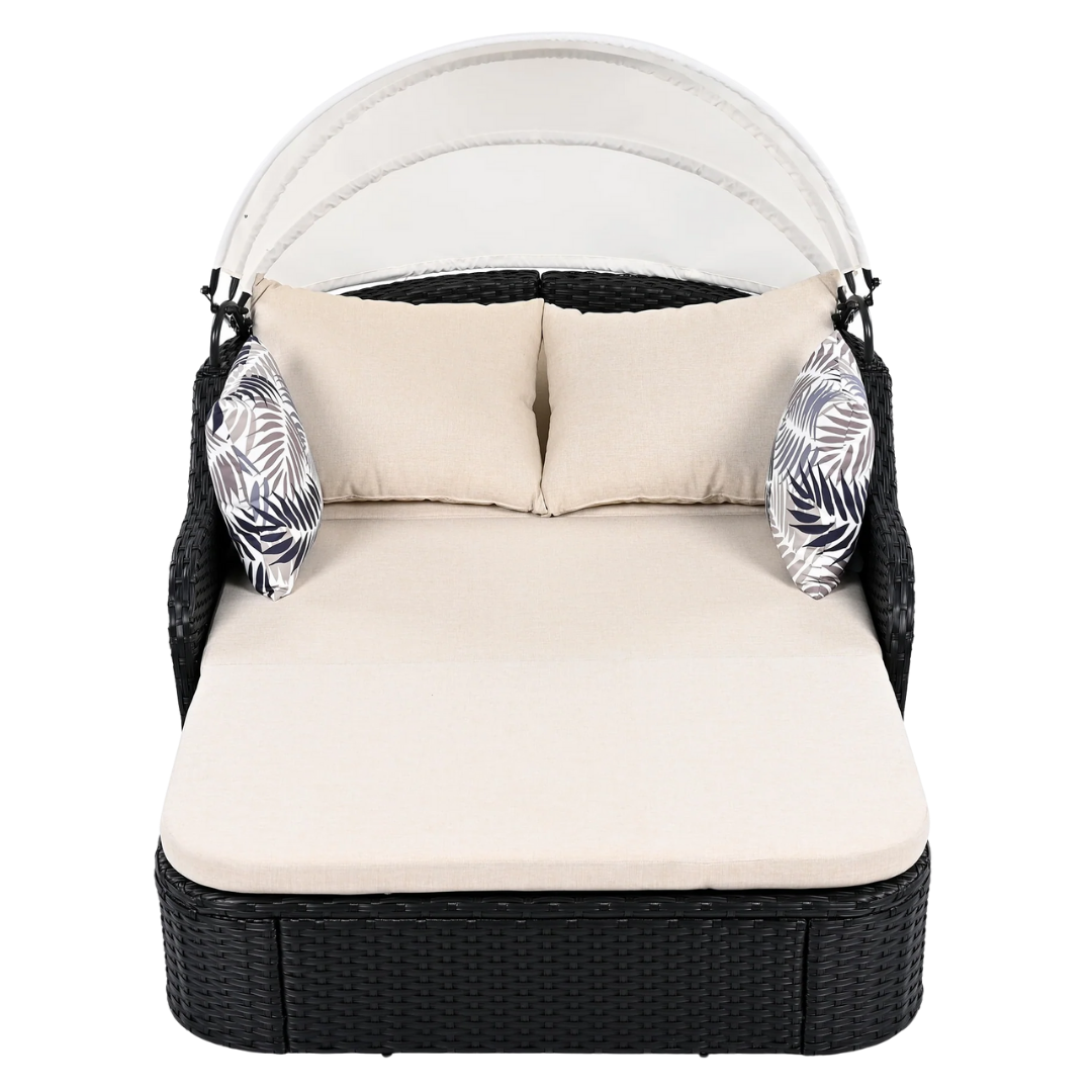 Luxe 48" Black Rattan Patio Daybed with Adjustable Canopy & Toss Pillows  