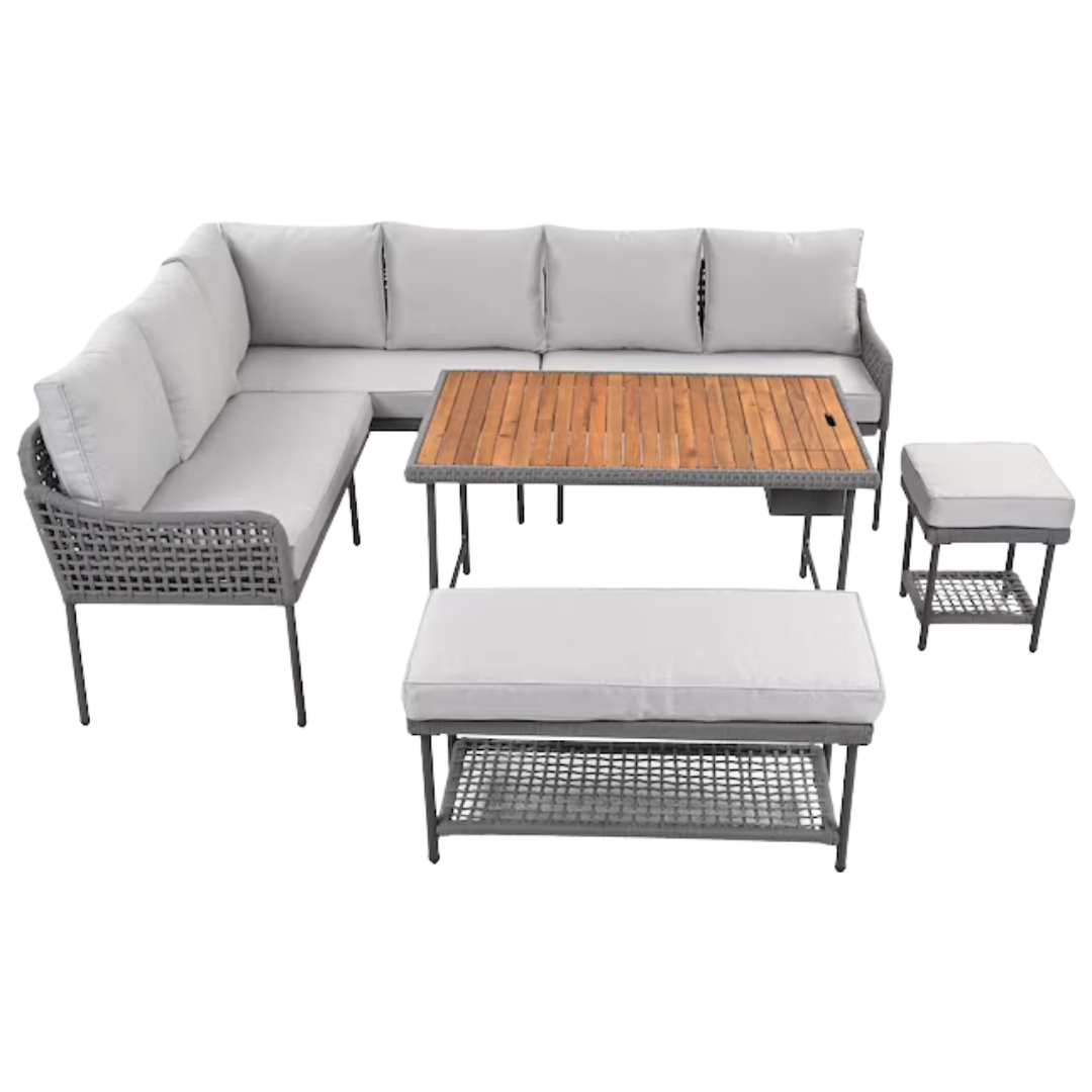 Premium K&K 6-Piece Rope Patio Furniture L-Shaped Set - Outdoor Sectional Sofa Set with Acacia Wood Table, Ice Box, Rope Benches, and Deep Seating Cushions (Grey)