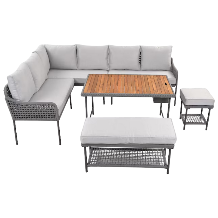 Premium K&K 6-Piece Rope Patio Furniture L-Shaped Set - Outdoor Sectional Sofa Set with Acacia Wood Table, Ice Box, Rope Benches, and Deep Seating Cushions (Grey)