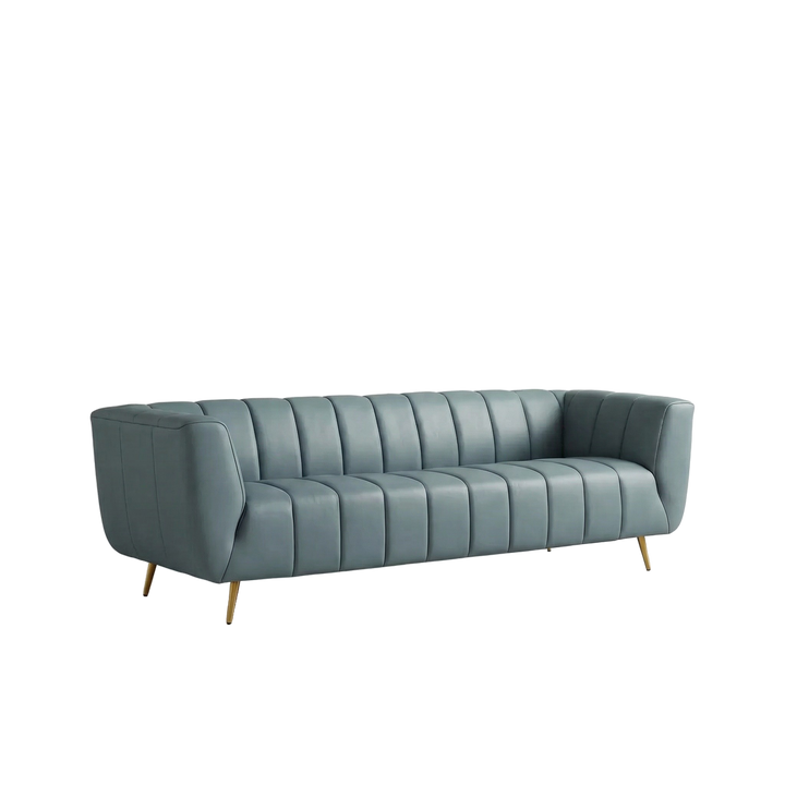 LaMattina Genuine Italian Blue Leather Channel Tufted Sofa