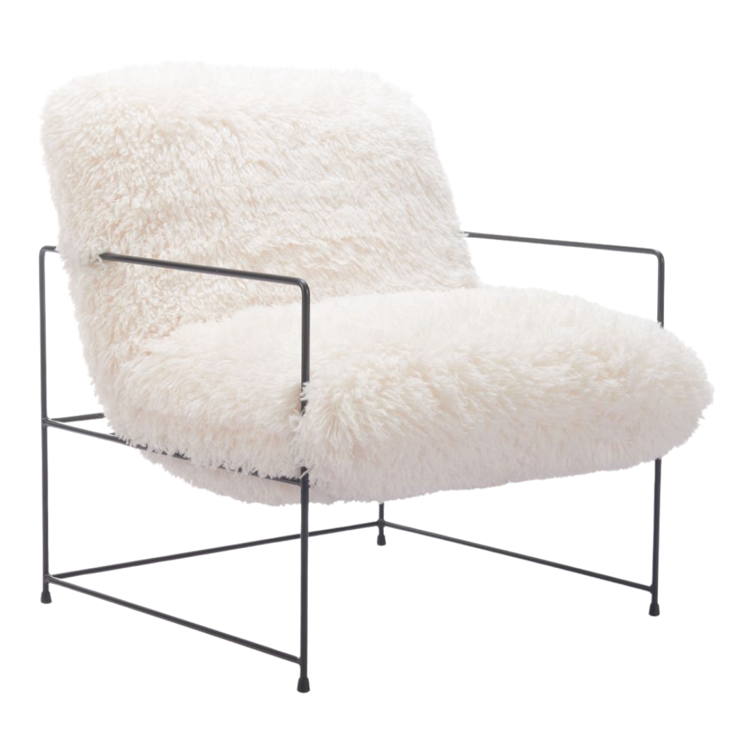 Plush Accent Chair – White Faux Fur Upholstery & Black Steel Legs | Living Room Furniture | Trufairs