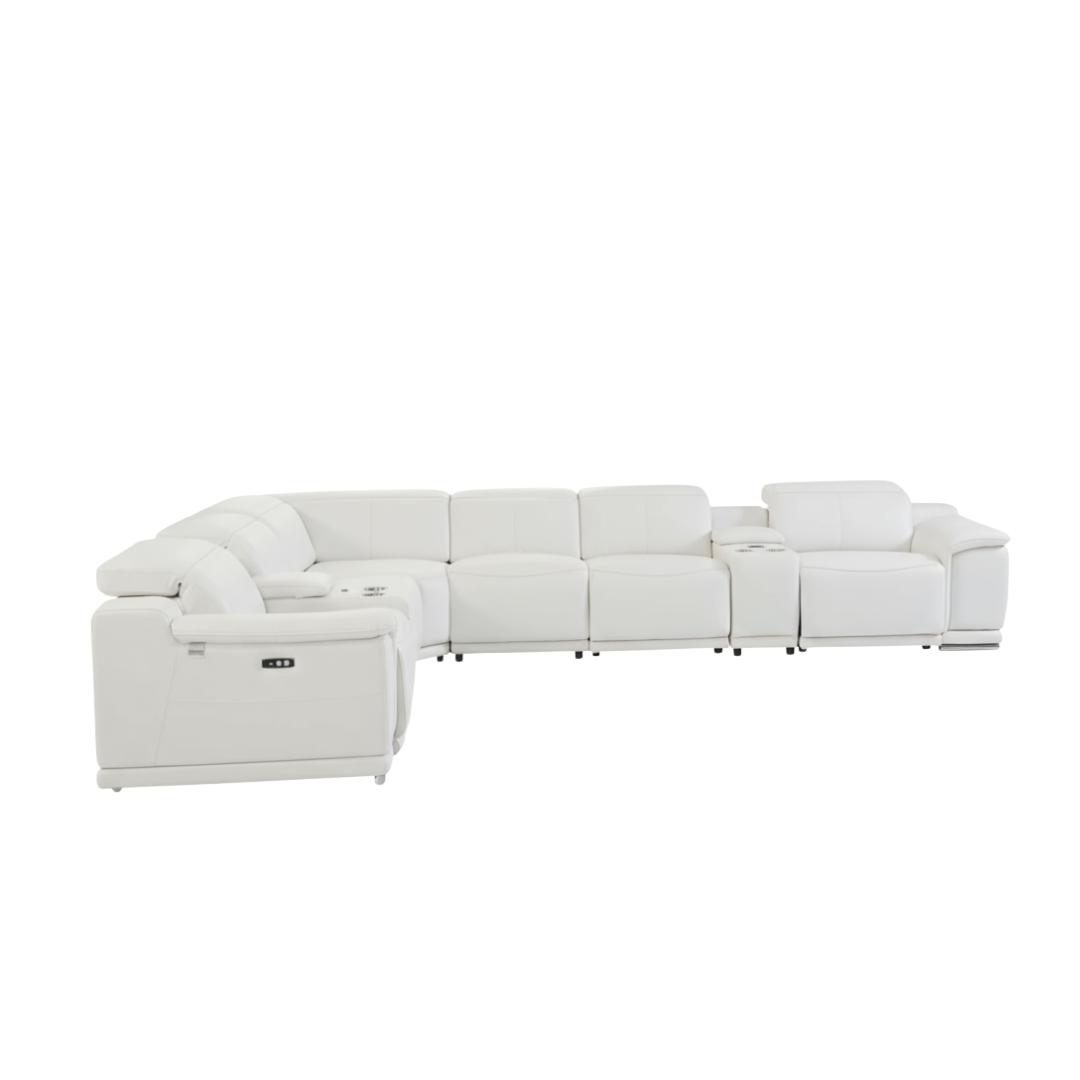 White Italian Leather Power Reclining U Shaped Eight Piece Corner Sectional With Console