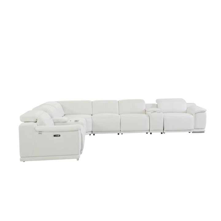 White Italian Leather Power Reclining U Shaped Eight Piece Corner Sectional With Console
