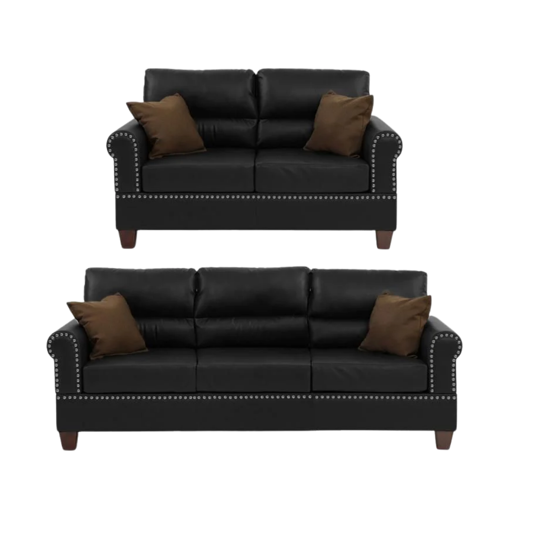 Black Bonded Leather 2-Piece Sofa & Loveseat Set – Modern Living Room Furniture | Trufairs