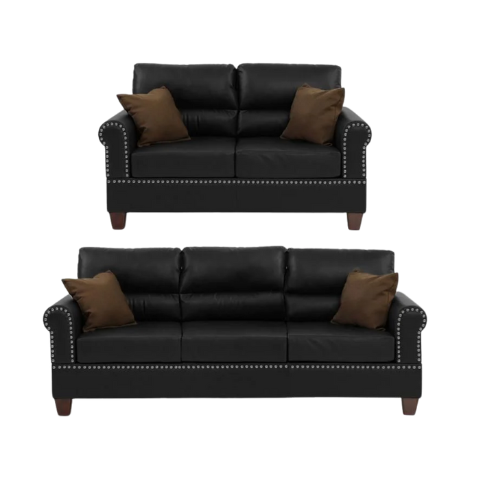 Black Bonded Leather 2-Piece Sofa & Loveseat Set – Modern Living Room Furniture | Trufairs
