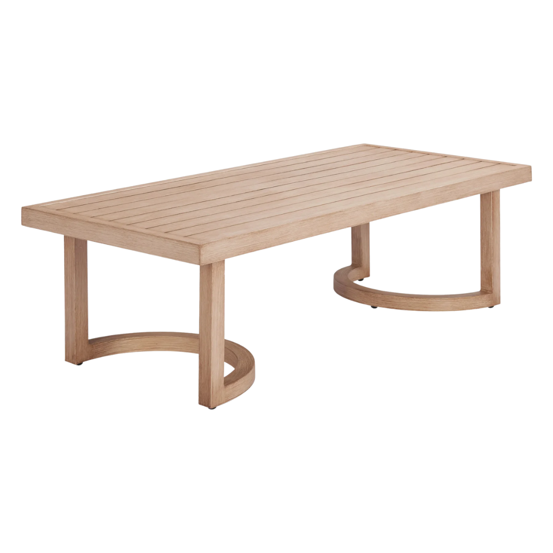 Modern Faux Wood Coffee Table – Brown Aluminum Versatility | Outdoor/Indoor Accent Table | Trufairs