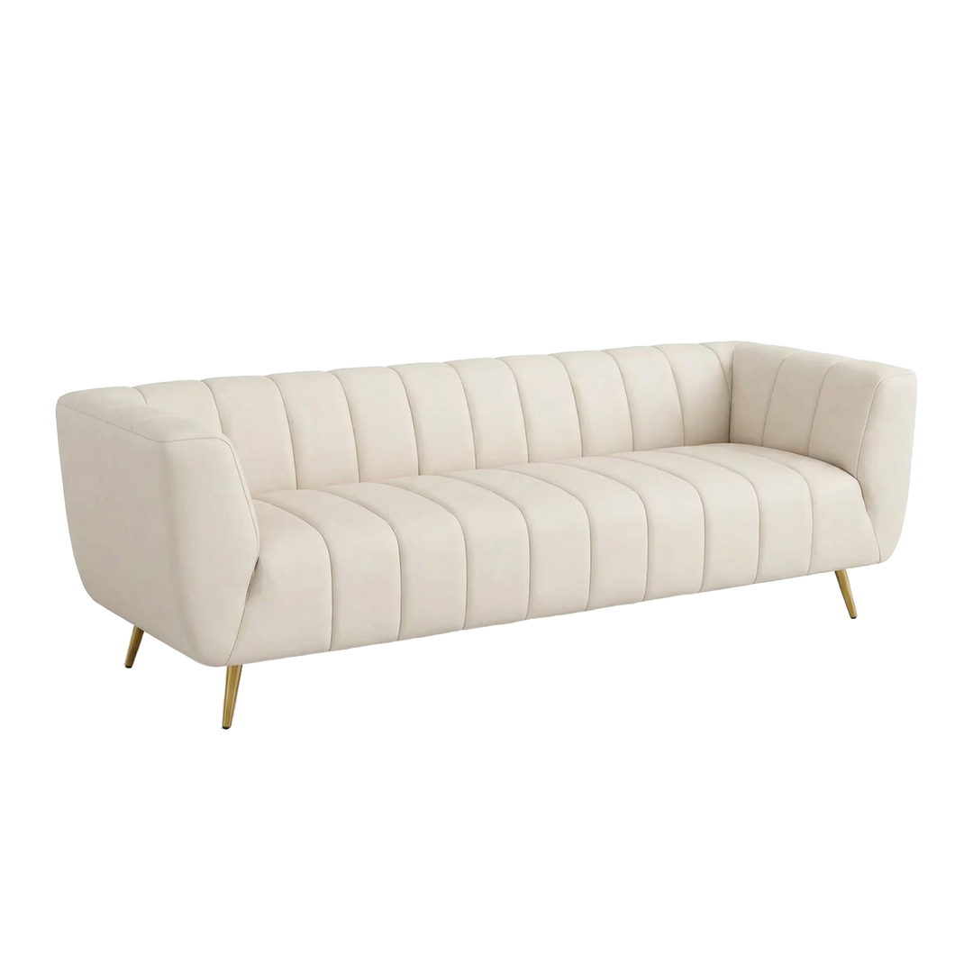 LaMattina Genuine Italian Beige Leather Channel Tufted Sofa