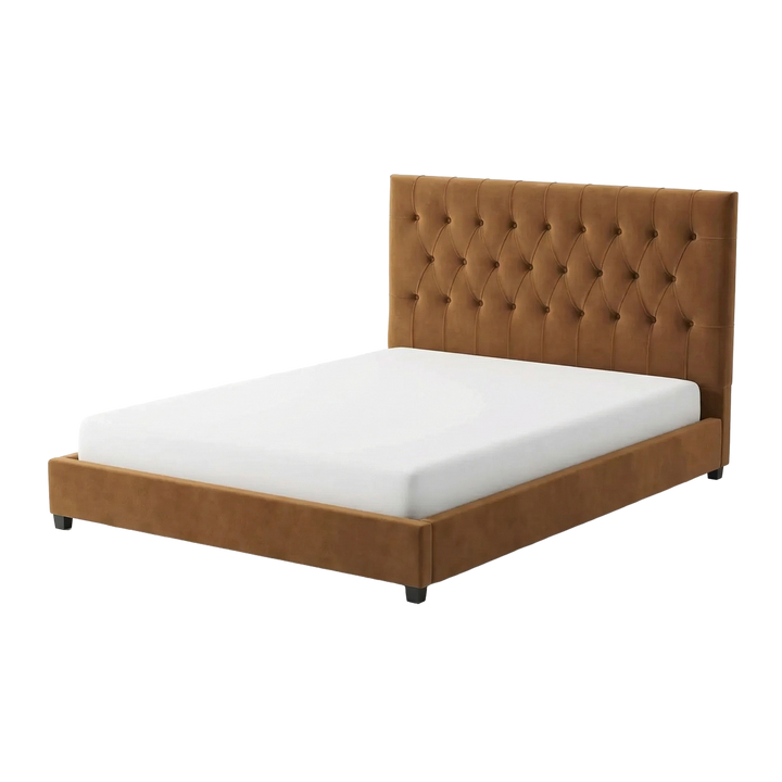 Donald Mid Century Modern Cognac Velvet Platform Bed Queen